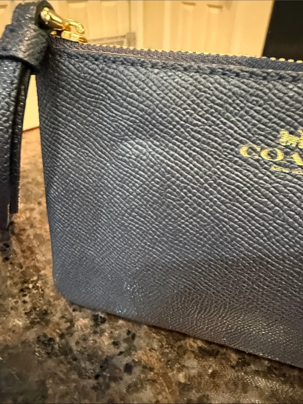 Coach Navy Textured Leather Wristlet with Gold Logo